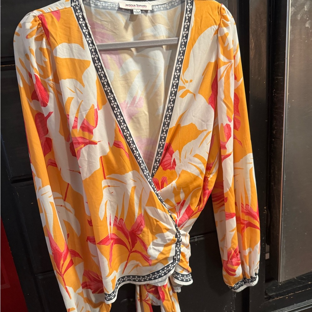 Jealous Tomato Women's Tropical Wrap Blouse - Orange and Pink